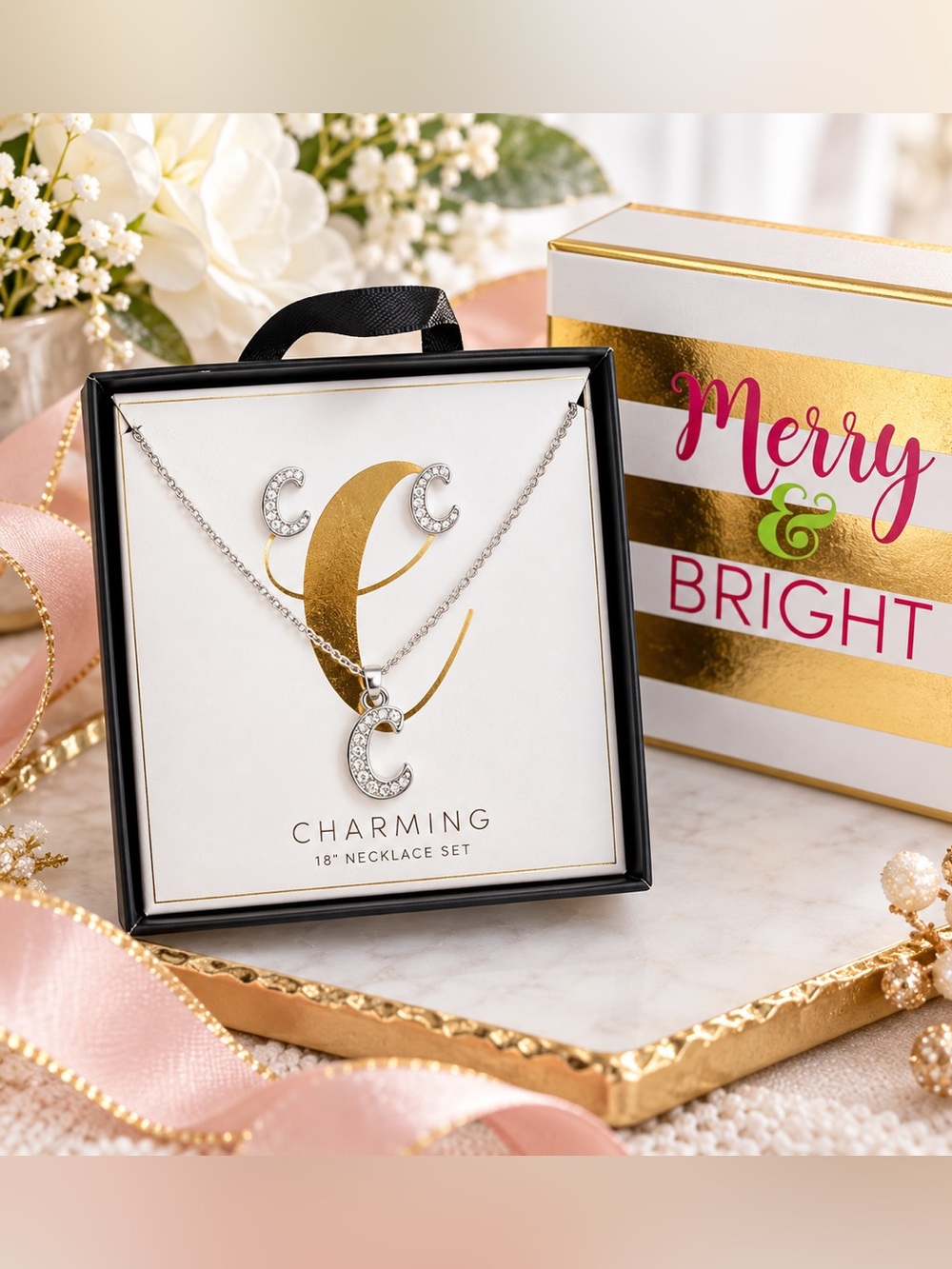 Merry & Bright Letter C Rhinestone Necklace Earrings Set 18” Silver Tone NIB